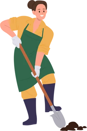 Happy smiling female gardener or farmer digging soil with shovel  Illustration