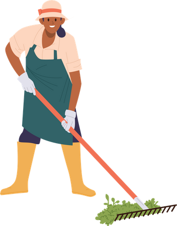 Happy smiling female gardener raking dried grass  Illustration