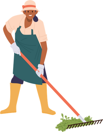 Happy smiling female gardener raking dried grass  일러스트레이션
