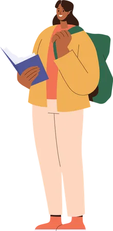 Happy smiling female student reading book  Illustration