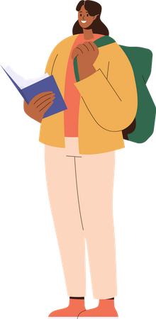 Happy smiling female student reading book while standing with bag  Illustration