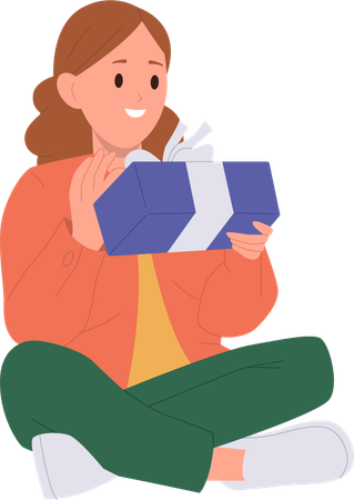 Happy smiling girl opening gift surprise box  Illustration