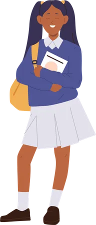 Happy smiling girl student wearing uniform holding backpack and book  Illustration