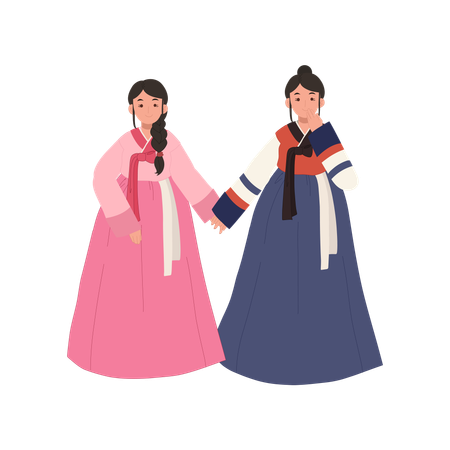 Happy smiling girls in korean traditional dress hanbok for holiday  일러스트레이션