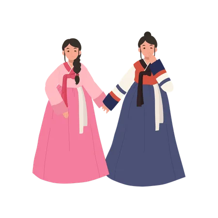 Happy Smiling Cute 2 Women In Korean Traditional Dress Hanbok For Holiday Or Event Illustration