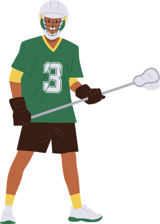 Happy smiling lacrosse player wearing traditional uniform holding club  Illustration