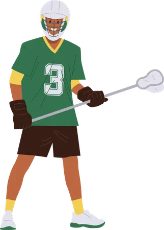 Happy smiling lacrosse player wearing traditional uniform holding club  Illustration