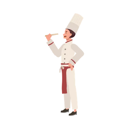 Full Length Chef Illustration Happy Smiling Male Chef Holding Chopsticks Flat Vector Cartoon Illustration イラスト