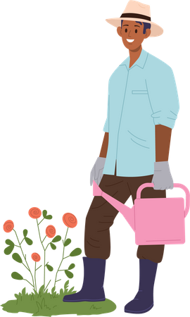 Happy smiling male gardener watering flower bed from can  Illustration