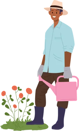 Happy smiling male gardener watering flower bed from can  Illustration