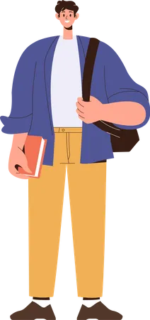 Happy smiling male student standing with bag and book in hand  Illustration