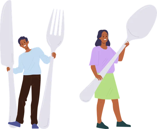 Happy smiling man and woman holding  cutlery kitchen utensils  Illustration