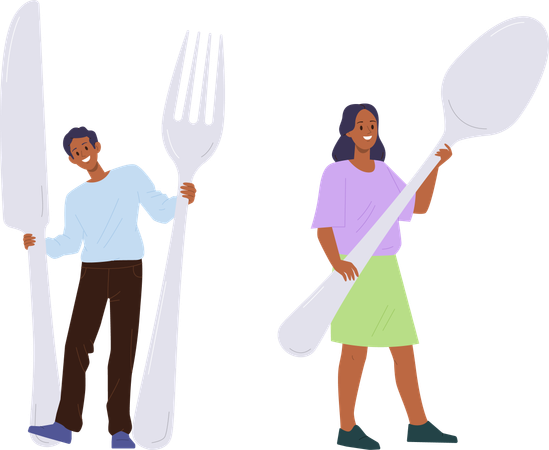 Happy smiling man and woman holding  cutlery kitchen utensils  일러스트레이션