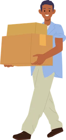 Happy smiling man carrying cardboard boxes  Illustration