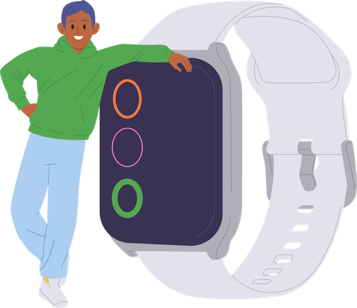 Happy smiling man customer with huge smartwatch  Illustration