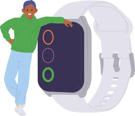 Happy smiling man customer with huge smartwatch  Illustration