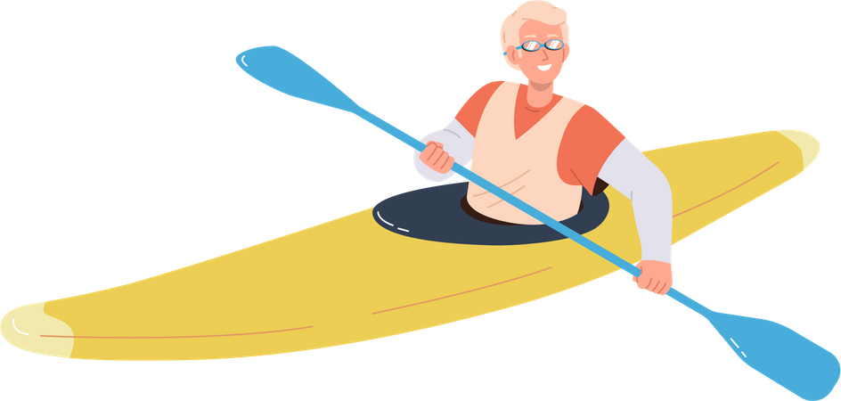 Happy smiling man kayaking sitting in boat paddling  Illustration