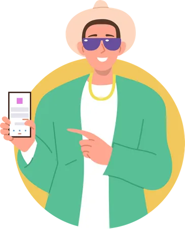 Happy Smiling Man Wearing Trendy Fashion Outfit Showing Mobile Phone Screen Vector Illustration Flat Cartoon Stylish Guy Character Presenting New Software Or Digital Application For Smartphone Illustration