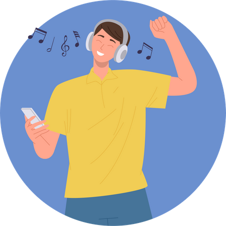 Happy smiling man wearing headset listening to music and dancing feeling excited  Illustration