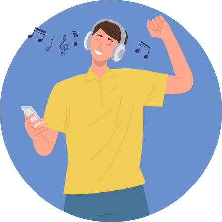 Happy Smiling Man Cartoon Character Wearing Headset Listening To Music And Dancing Feeling Excited And Fun Round Vector Illustration With Portrait Of Teenager Boy Using Audio Player On Smartphone Illustration