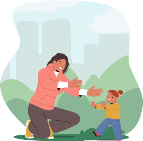 Happy smiling mother enjoying her daughter toddler kid first steps while playing outdoors in park  Illustration