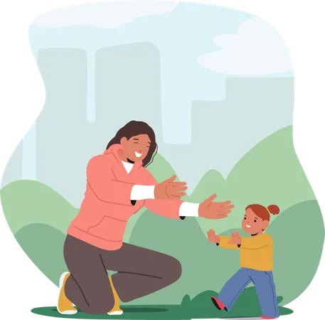 Happy smiling mother enjoying her daughter toddler kid first steps while playing outdoors in park  Illustration