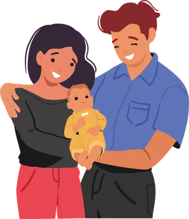 Happy smiling parents holding hugging newborn baby standing together  Illustration