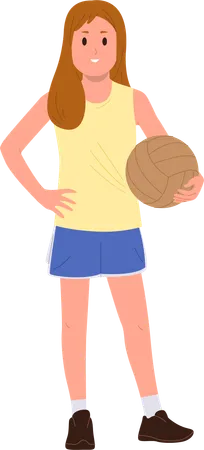 Happy smiling preteen girl with ball enjoying sports hobby after school  Illustration