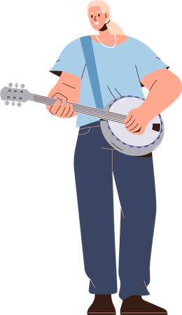 Happy smiling woman musician playing banjo guitar  Illustration