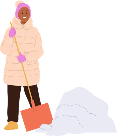 Happy smiling woman removing snow with shovel cleaning yard or road  Illustration