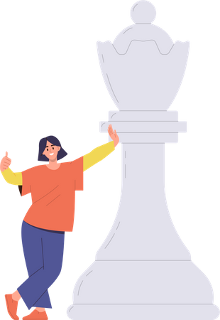 Happy smiling woman standing nearby giant queen chessman  Illustration