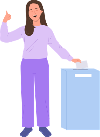 Happy smiling woman  throwing voting ballot into election box gesturing thumbsup  Illustration