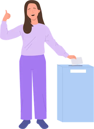 Happy smiling woman  throwing voting ballot into election box gesturing thumbsup  Illustration