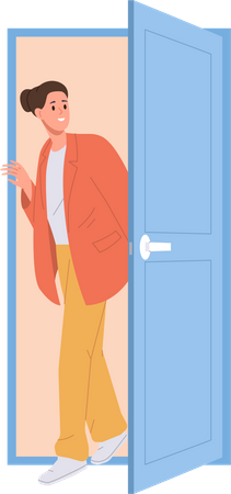 Happy smiling woman young female job seeker holding handle entering home apartment  Illustration
