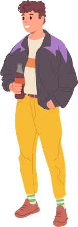 Happy smiling young guy wearing 90s retro-styled clothing and drinking soda  Illustration