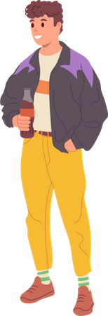 Happy smiling young guy wearing 90s retro-styled clothing and drinking soda  Illustration