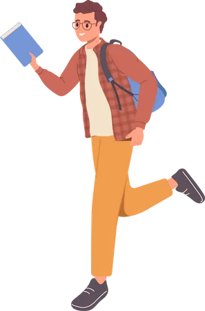 Happy smiling young male student with book and backpack  Illustration