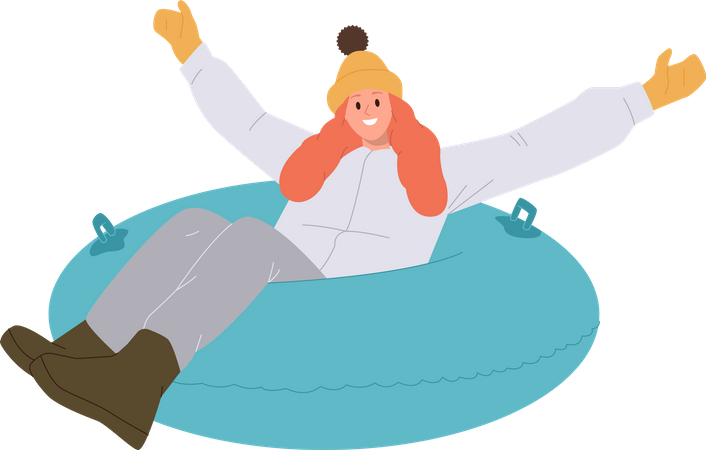 Happy smiling young woman  character in winter clothes riding inflatable tube downhill  Illustration