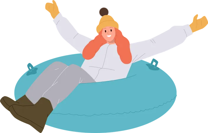 Happy smiling young woman  character in winter clothes riding inflatable tube downhill  Illustration