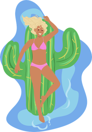 Happy smiling young woman tourist sun tanning swimming in pool on rubber mattress  Illustration