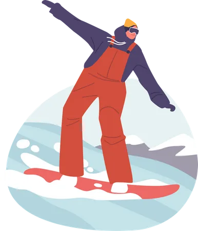 Happy Snowboarder Riding Snowboard By Snow Slopes At Winter Time Season Holidays Sportsman Having Fun On Ski Resort Going Downhill Travel Activity Entertainment Cartoon People Vector Illustration Illustration