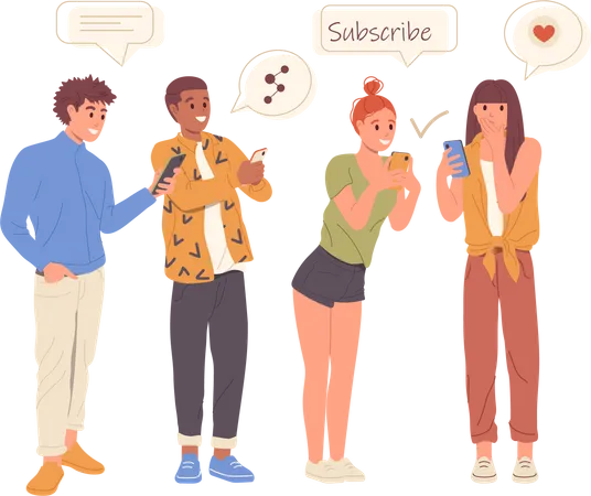 Happy People Social Media Users Characters Subscribing Chatting Watching And Sharing Photos Videos With Friends Online Vector Illustration Digital Marketing And Targeting Advertisement Concept Illustration