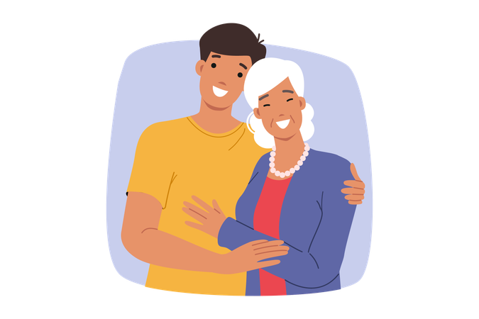 Happy son hugs smiling elderly mother  Illustration