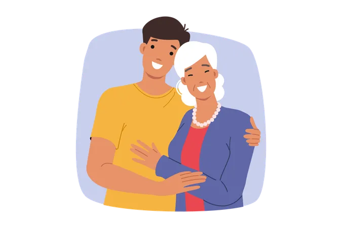 Happy son hugs smiling elderly mother  Illustration