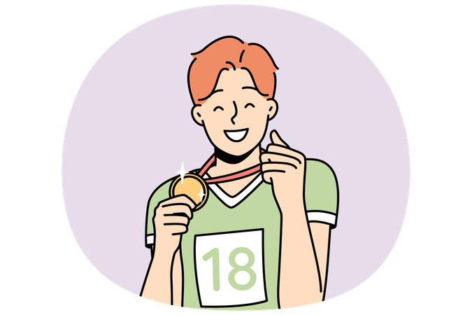 Happy sportsman shows gold medal  Illustration