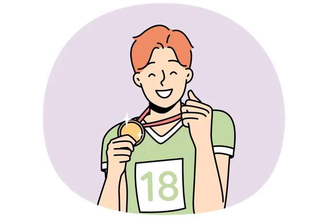 Happy sportsman shows gold medal  Illustration