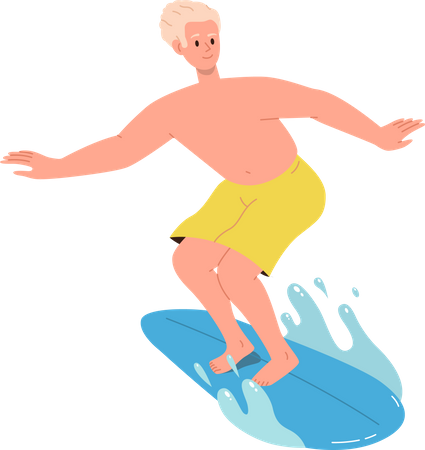 Happy sportsman surfing on board catching and breaking sea or ocean waves  Illustration