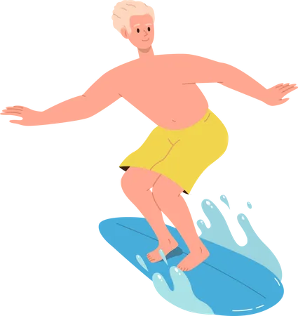 Happy sportsman surfing on board catching and breaking sea or ocean waves  Illustration