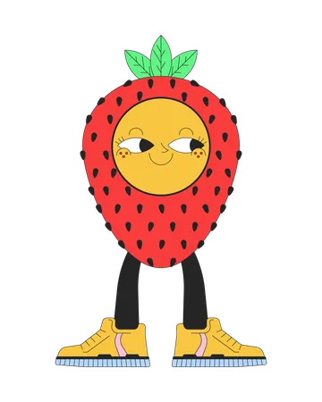 Happy Strawberry Sneakers 2 D Linear Cartoon Character Smiling Fruit Wearing Sport Shoes Isolated Line Vector Personage White Background Y 2 K Groovy Retro Fruit Color Flat Spot Illustration Illustration