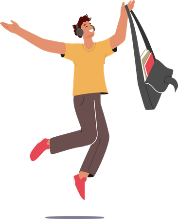 Happy Student Boy in Headphones and Jumping in air  Illustration